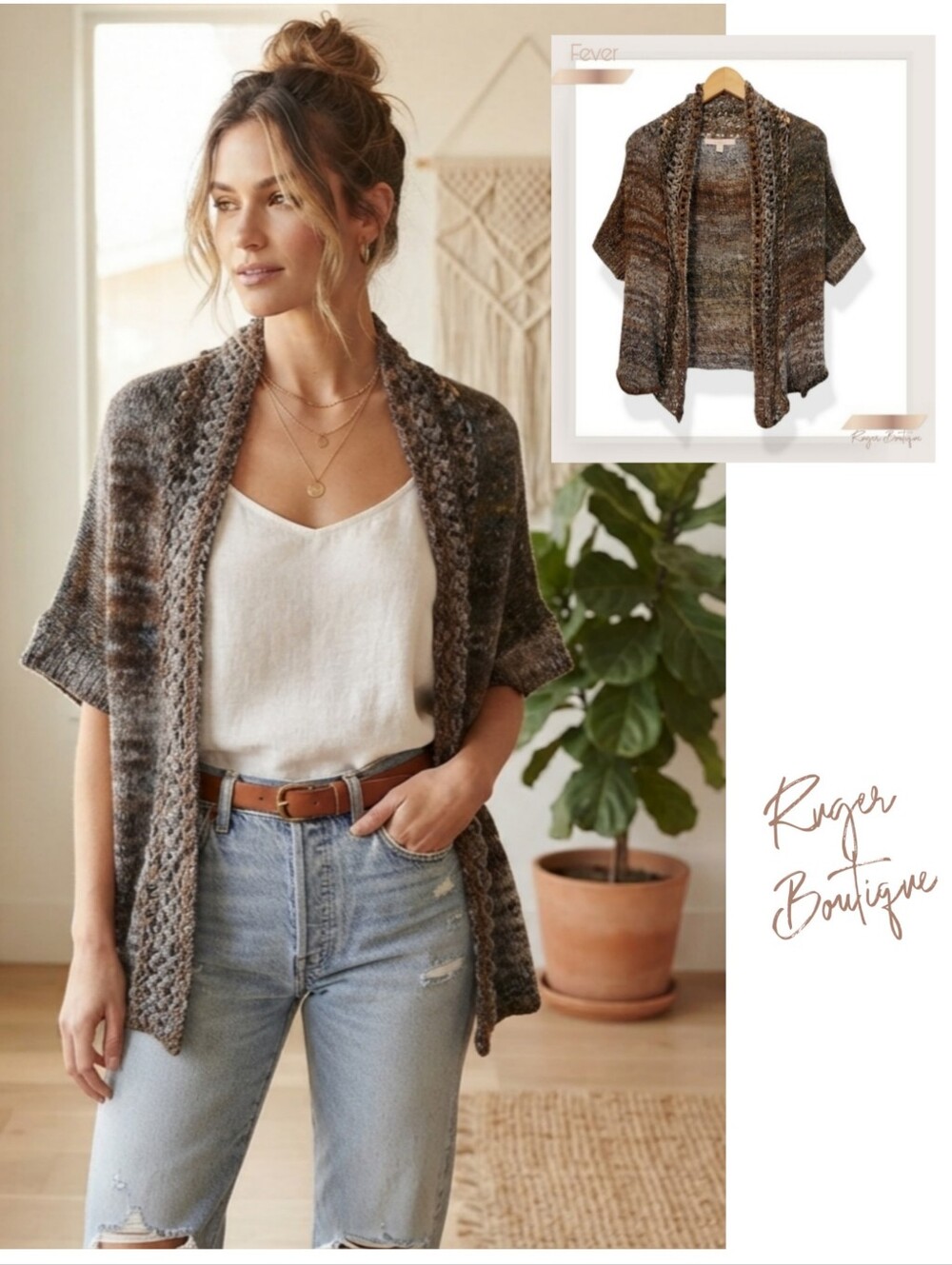 🌿Fever Boho Knit Cardigan Sweater Womens Small Brown Gray Open Front Earthy